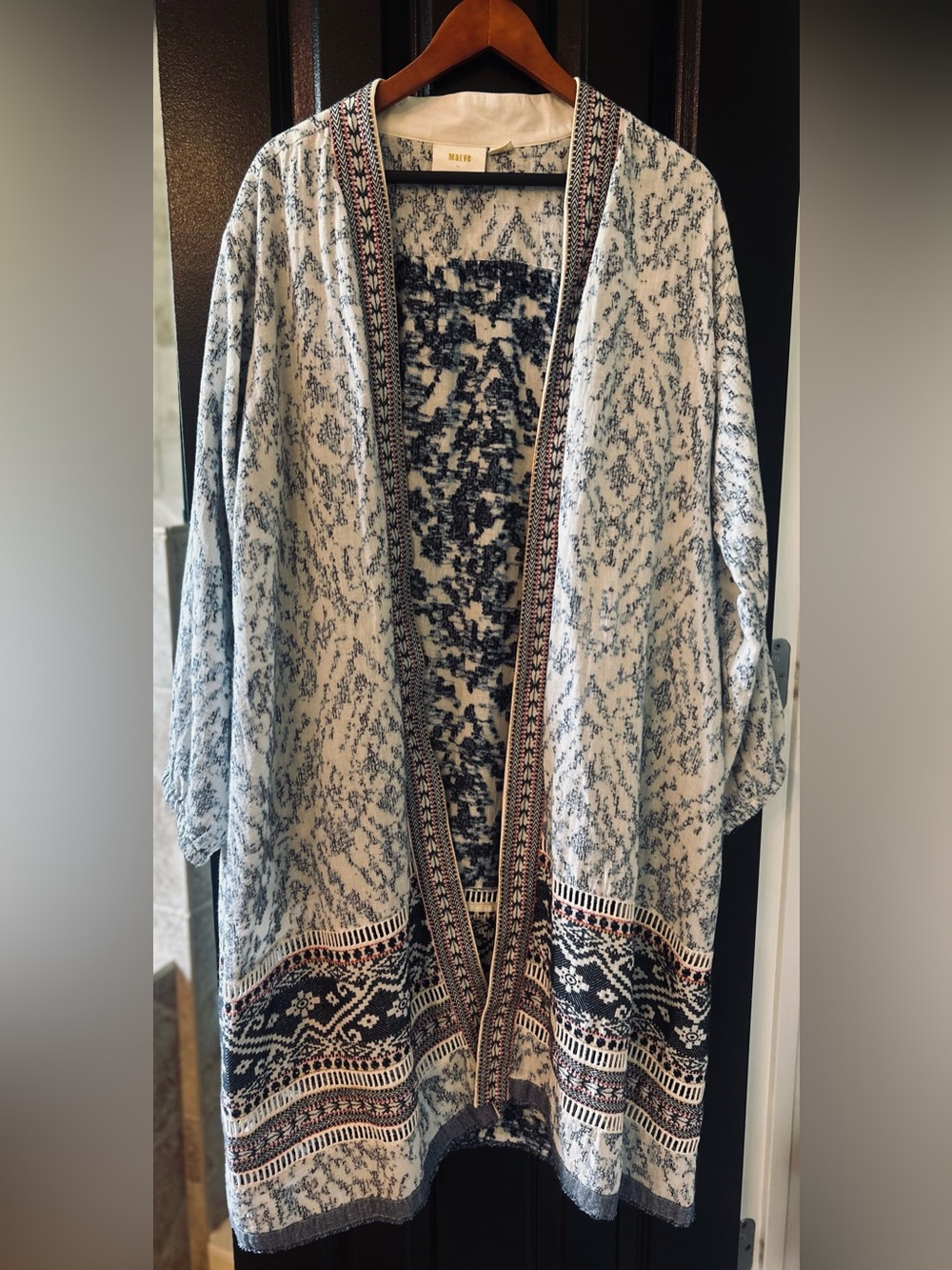 Bought from Anthropologie Blue and White Printed Open-Front Kimono with Trim